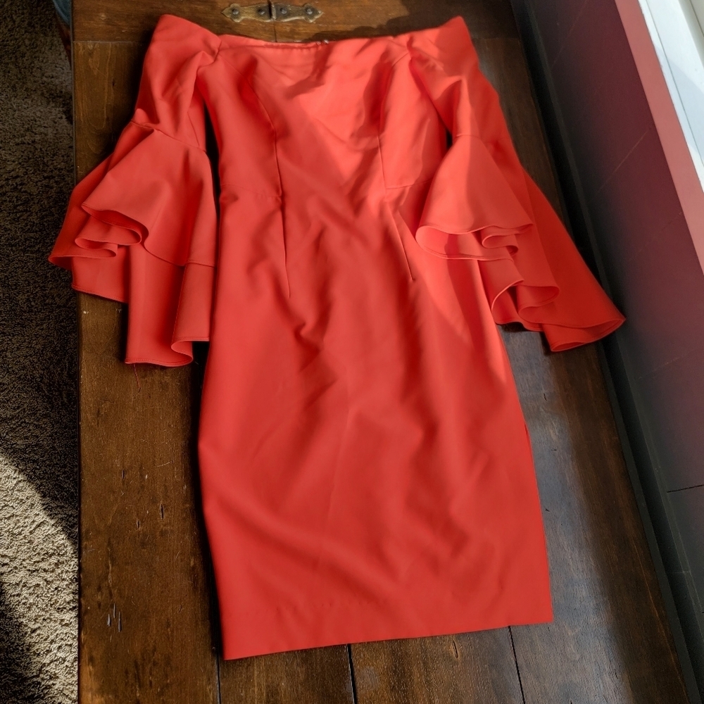 Milly Selena Flare Sleeve Off Shoulder Sheath Dress size 2 Red Orange